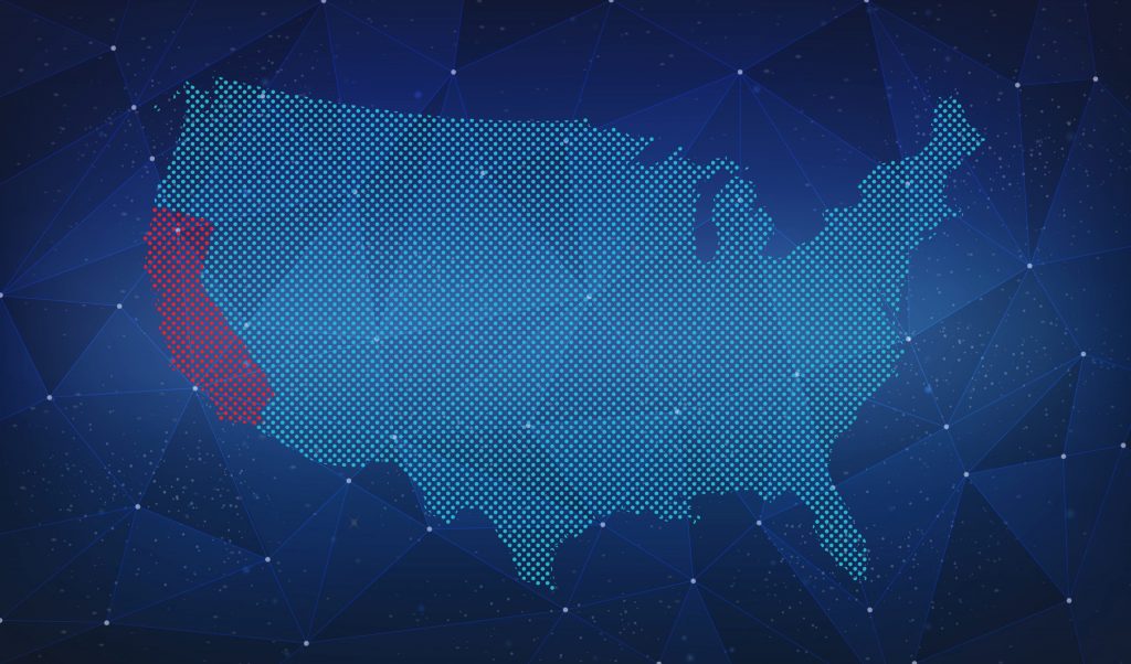 Digital map of the United States composed of triangles and nodes, highlighting the state of California. 