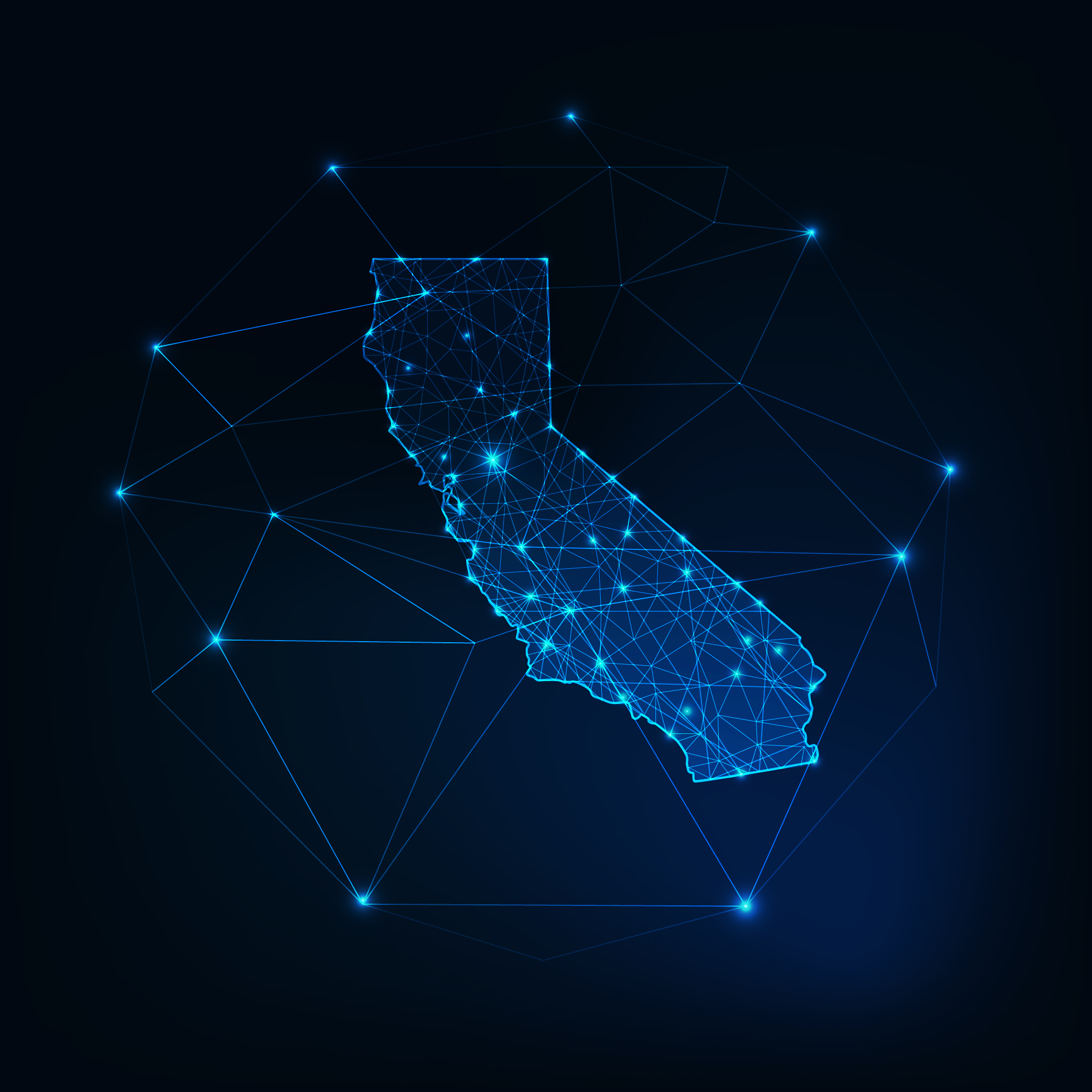Glowing wireframe map of California composed of triangles and nodes, illustrating communication and internet technologies.