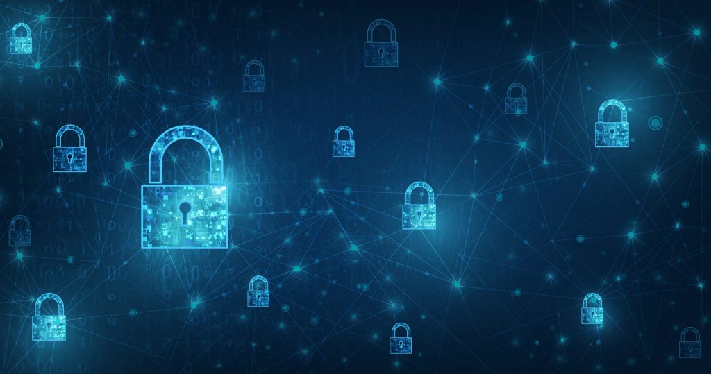 Blue glowing padlocks are connected via digital webs in front of a dark background.