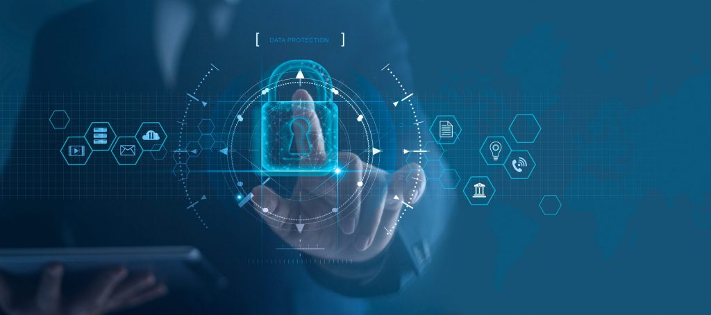 A businessman reaches out to touch a blue graphic of a digital padlock. 