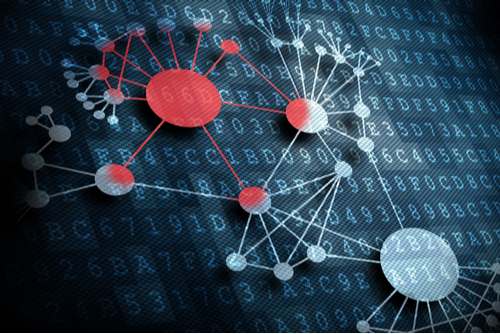 Computer coding with overlaying graphics demonstrating a red computer virus overtaking a blue computer system. 