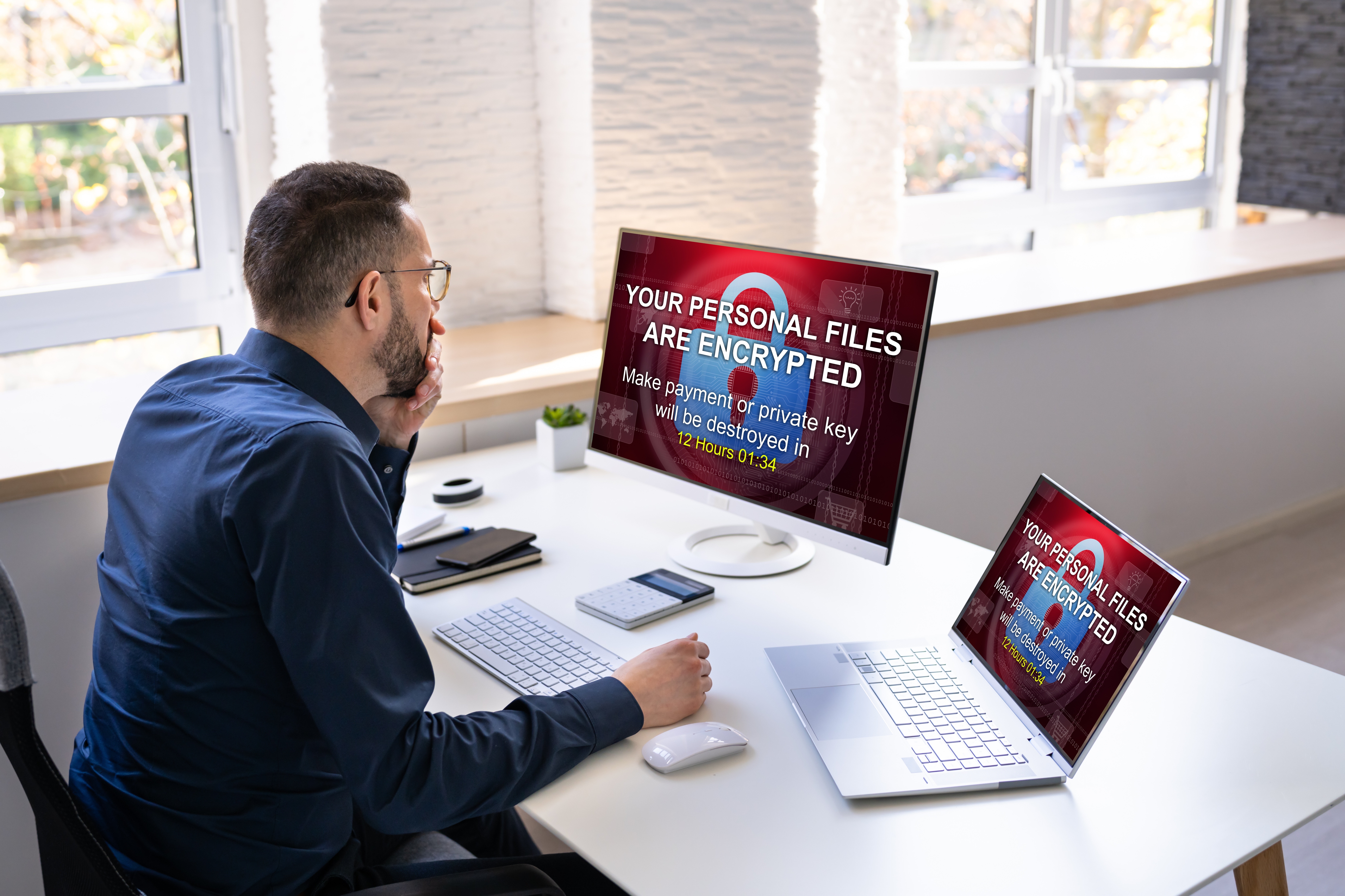 While sitting at his office desk, a business owner is stunned to discover a ransomware attack on his company.