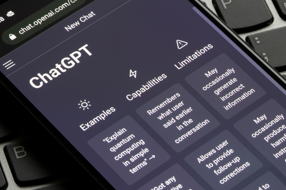  Image of the ChatGPT user interface, which outlines examples, capabilities, and limitations of the program. 