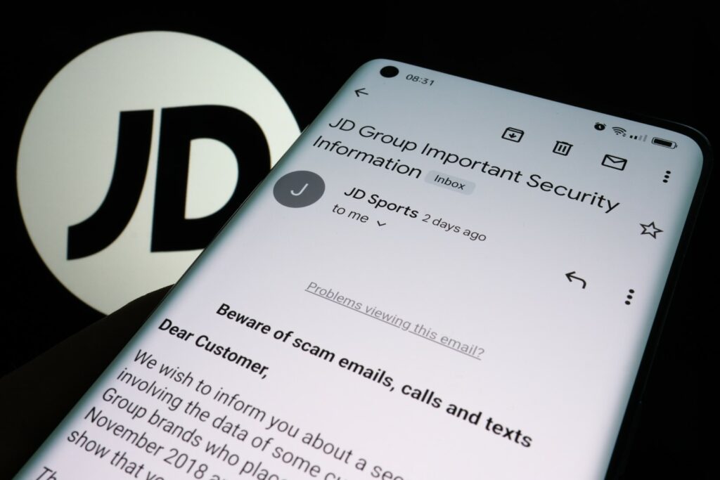 Image of email sent to JD Sports customers after the company suffered a massive data breach in 2023.