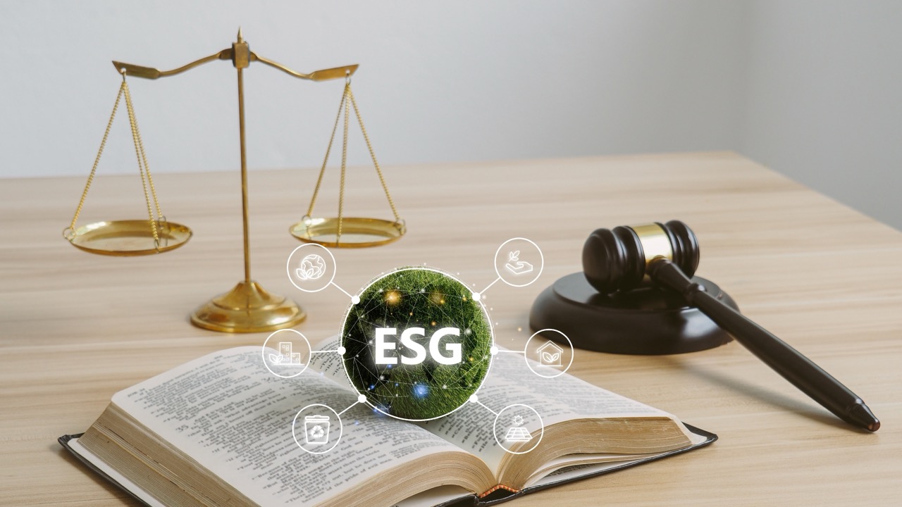 Concept image uses gavel and scale to depict litigation related to Environmental, Social, and Governance (ESG).