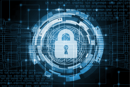 A closed blue lock surrounded by blue circles represents strong cyber security.