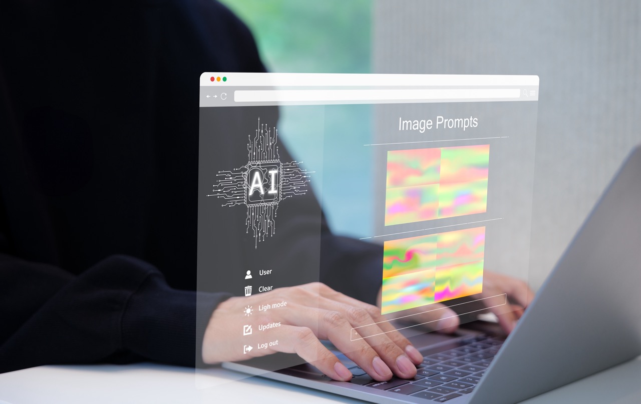 User interacting with AI software on a laptop, featuring generative AI prompts and futuristic interface elements.