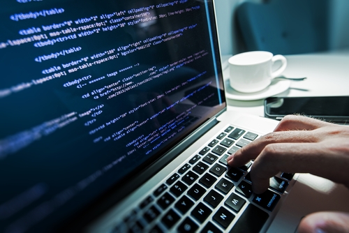 Hand of IT forensic expert reviews malware code a hacker used to acquire login credentials and commit funds transfer fraud. 