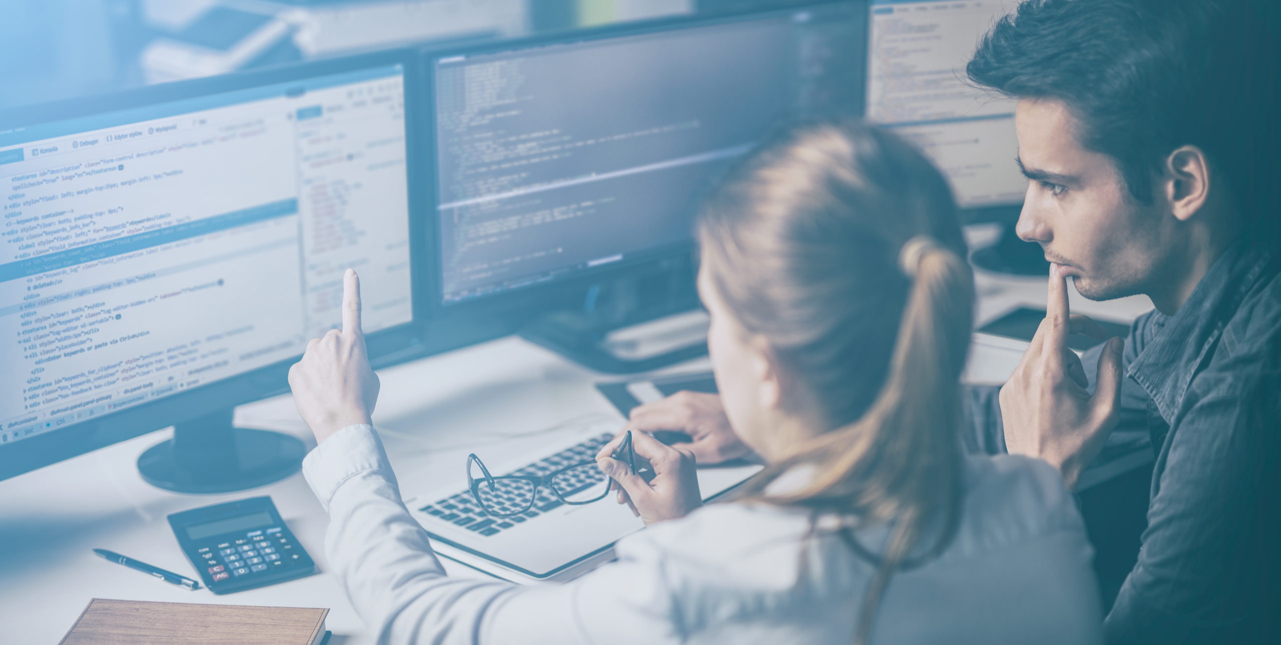 Young professionals looking at computer monitors