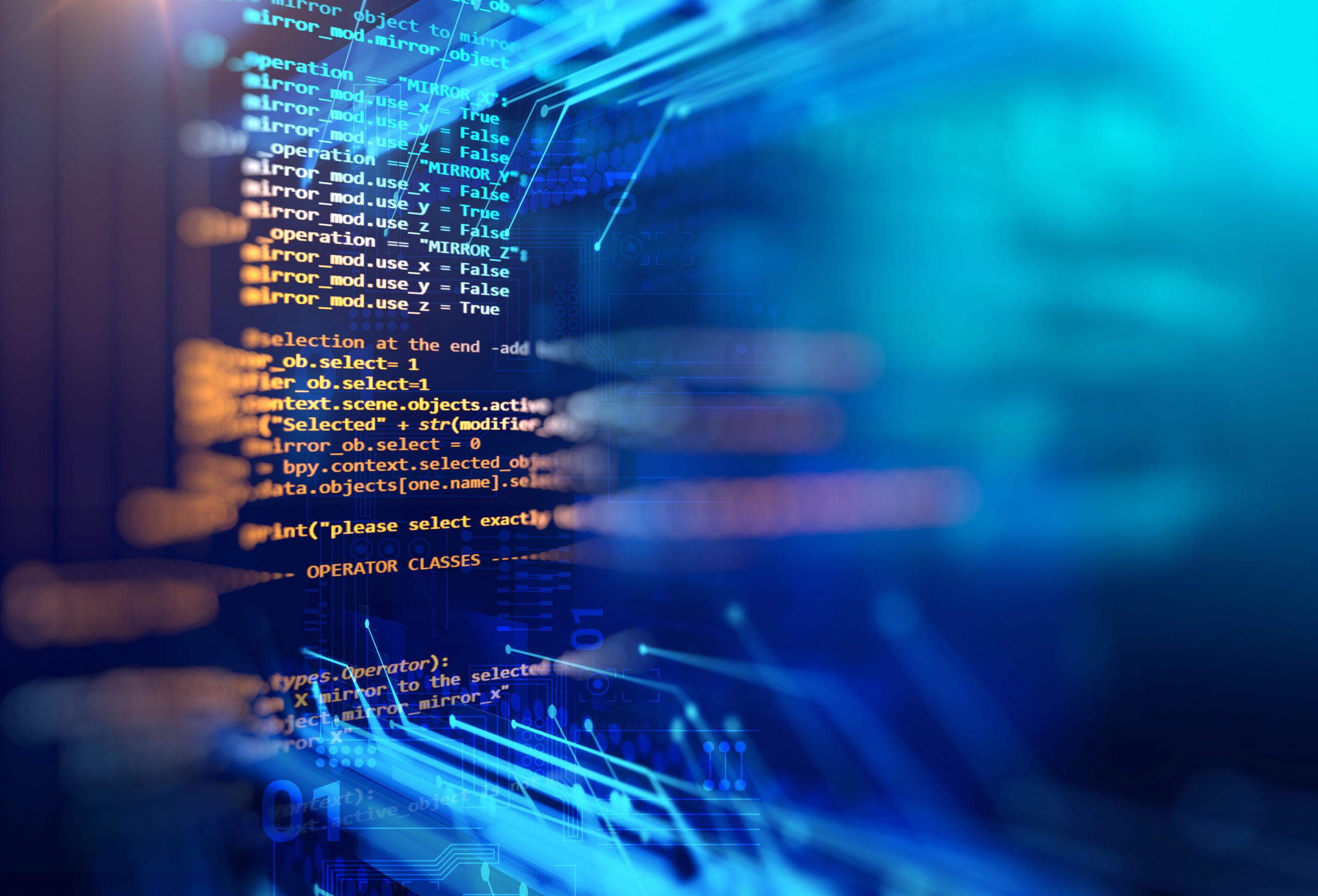 Blue and red lines of digital code surrounded by streaks of light and blur effect, representing cyber risks to small businesses.